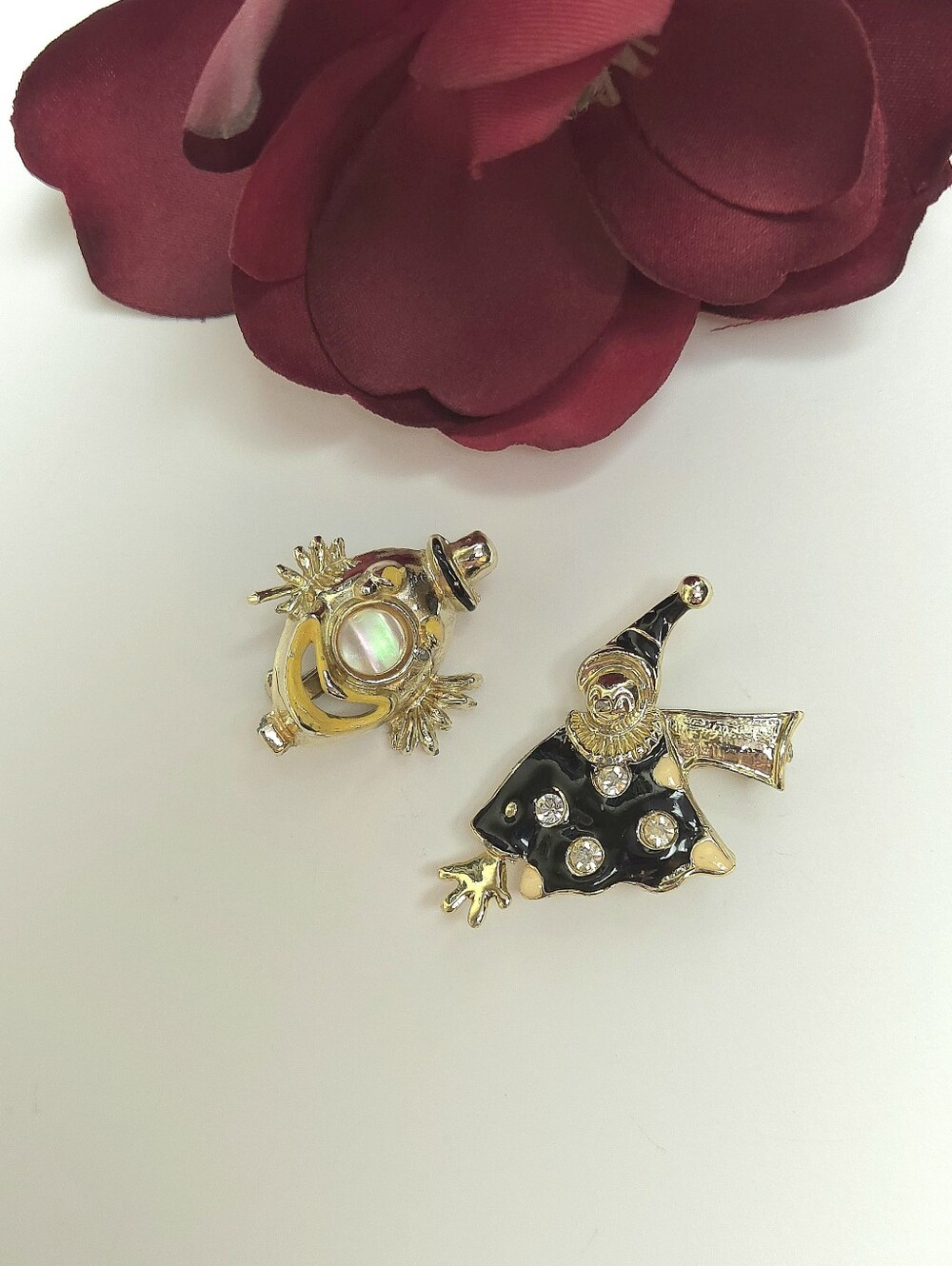 2 Vintage Clown Brooches Volupte Mother of Pearl Nose Clown & Crystal Polka Dots